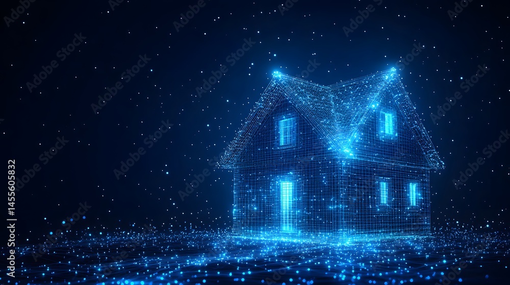 Aufkleber futuristic house rendered in glowing blue wireframe, floating above a digital network under a starry