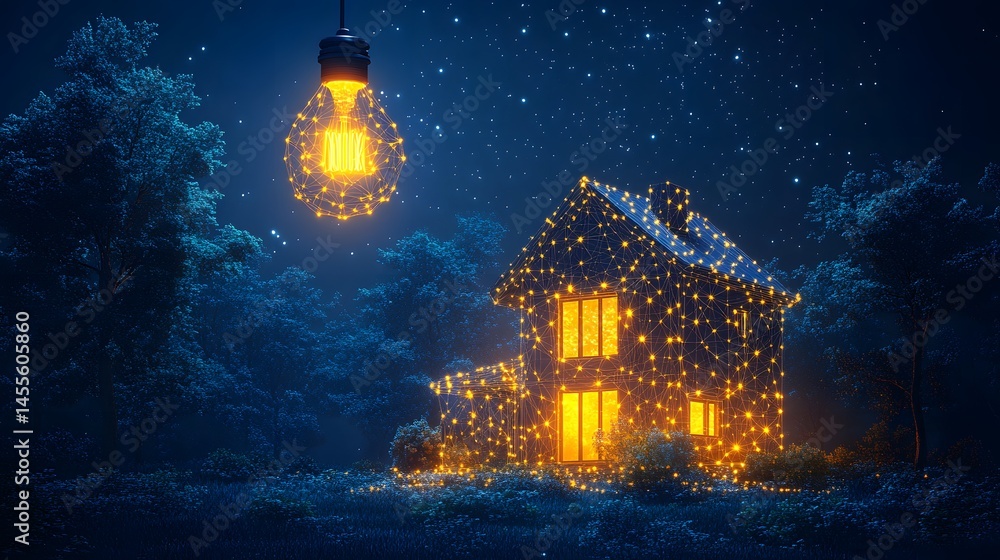 Aufkleber a surreal glowing house stands amidst a dark forest under a starlit sky, with a wireframe light bulb