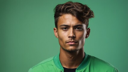 Colorful Close-Up of Young Man with Soft Green Backdrop
