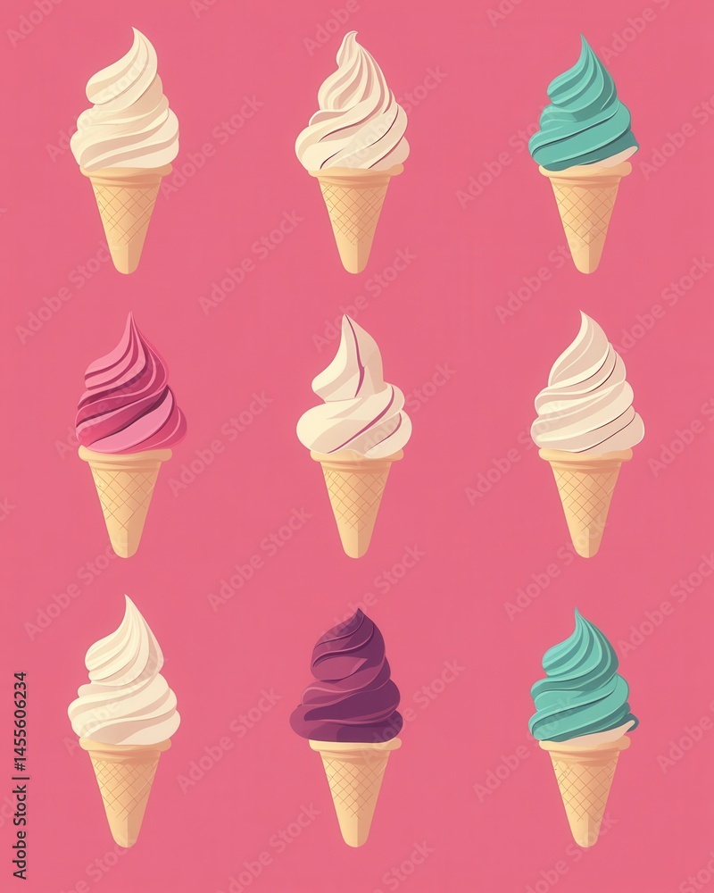 Poster assortment of colorful ice cream cones on a pink background in a pattern design concept