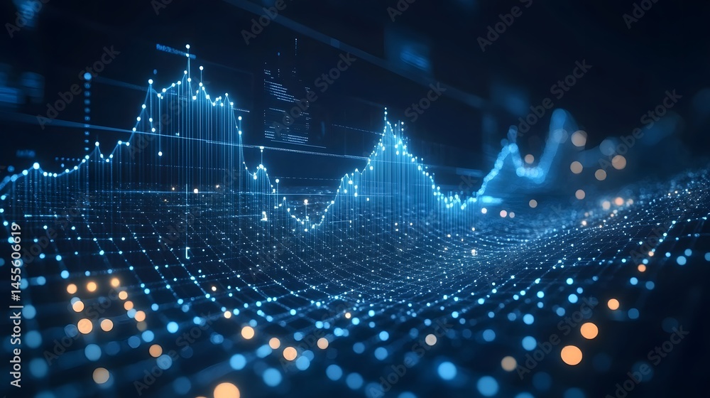 Poster dynamic blue line graph showcases fluctuating data on a grid. futuristic tech feel with luminous dep
