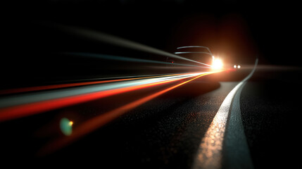 Car driving at night with headlights illuminating dark road with blurred motion trails
