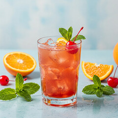 colorful red cocktail with fresh fruit 