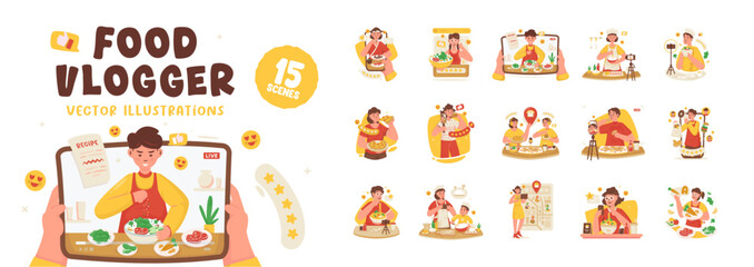 Illustration set of food vlogger culinary online review vector design