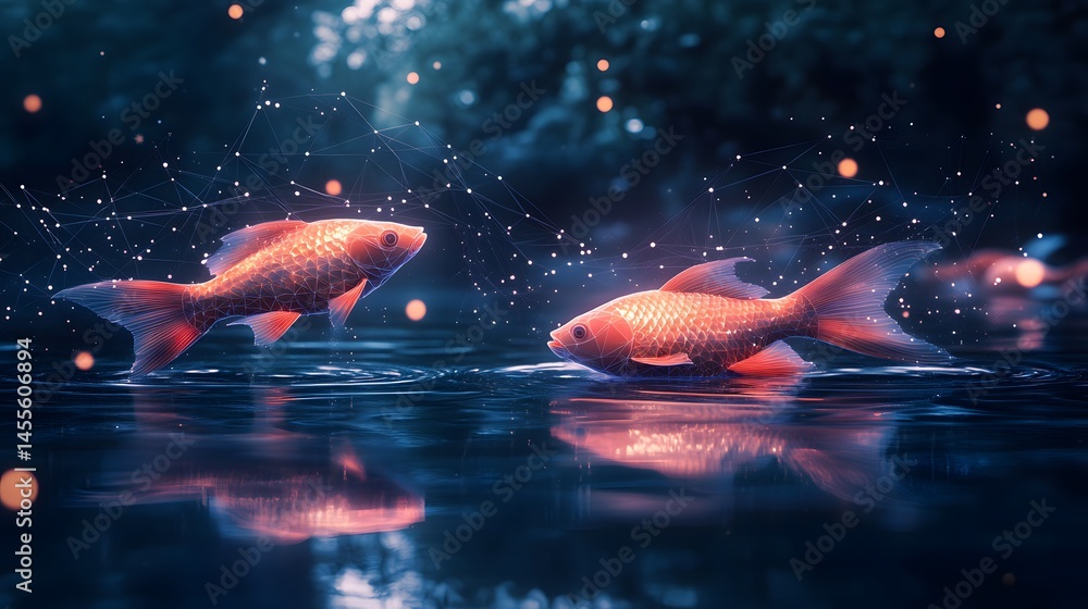 Poster ethereal goldfish swim in a digital sea. a stunning blend of nature and technology, these wireframe 