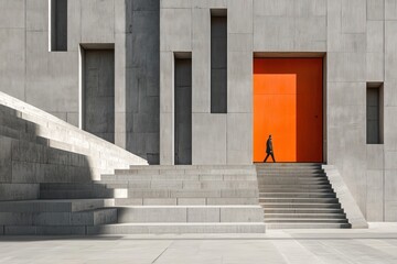 conceptual architecture with gray doors along steps, orange door open, figure walking in