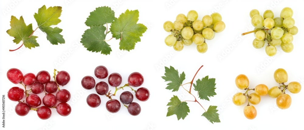 Poster grapevine composition featuring leaves and clusters of red green and yellow grapes on a white backgr
