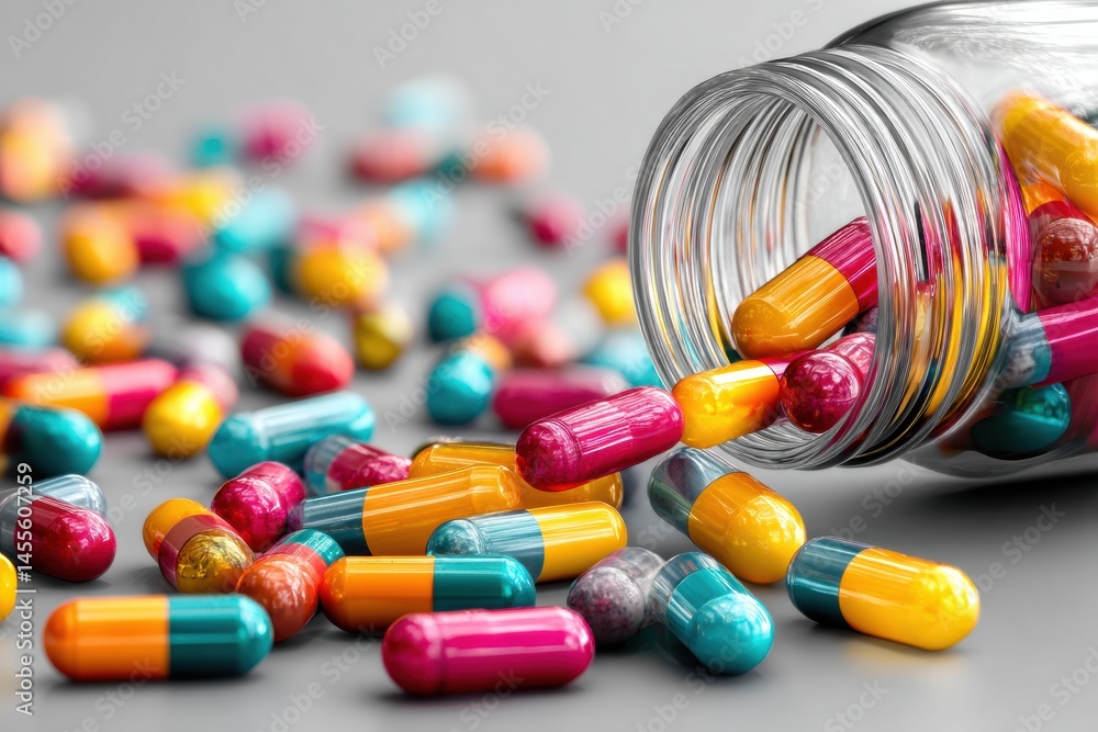 Poster Multicolored Capsules Spill From an Open Pill Bottle on a Gray Surface in a Minimalist Display of Vibrant Colors Generative AI