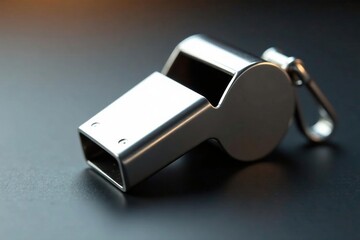 Silver metal whistle, shiny surface, close-up view, shiny, isolated