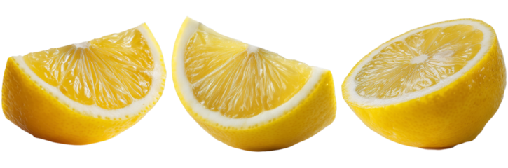 Three slices of fresh lemon are displayed, highlighting their bright yellow color and juicy interior, perfect for culinary use and garnishing drinks