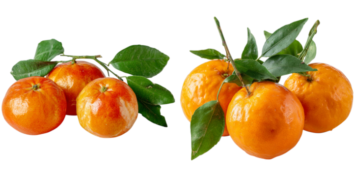 Three vibrant tangerines with glossy skin and fresh green leaves are artfully grouped together, showcasing their natural color and texture on a transparent backdrop