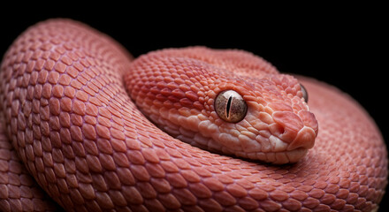 Fototapeta premium Pink Pit Viper Snake Close Up Eye Scales Coiled Black Background
