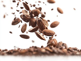 Obraz premium Almonds in Motion A Captivating Display of Falling Nuts on a Clean White Background