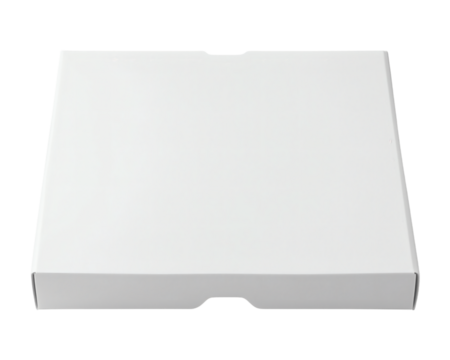 Plain white rectangular pizza box mockup on transparent background