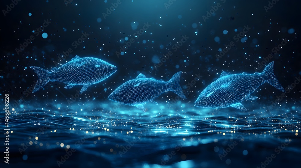 Aufkleber Three blue wireframe fish swim above a wavy blue surface in a digital sea of light points. A futuristic and calming scene. Abstract Digital low-poly wireframe connected dots in dark blue.