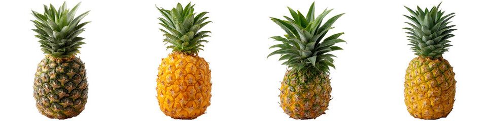 Four pineapples arranged in a sequence, highlighting their diverse stages of ripeness from green to yellow. Ideal for tropical cuisine and healthy dishes