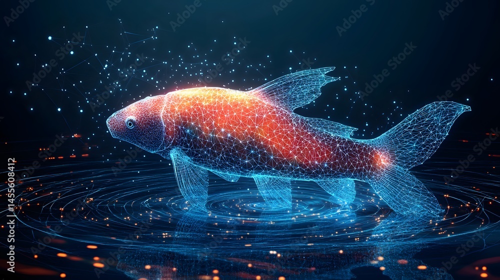 Aufkleber Futuristic fish design, blending warm and cool colors. Wireframe mesh and glowing networks create a technological and ethereal aquatic scene. Abstract Digital low-poly wireframe connected