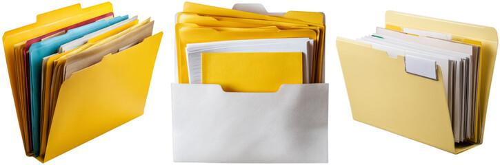 Bright yellow folders filled with papers are arranged neatly, showcasing a variety of colors and styles for efficient organization and easy access to documents