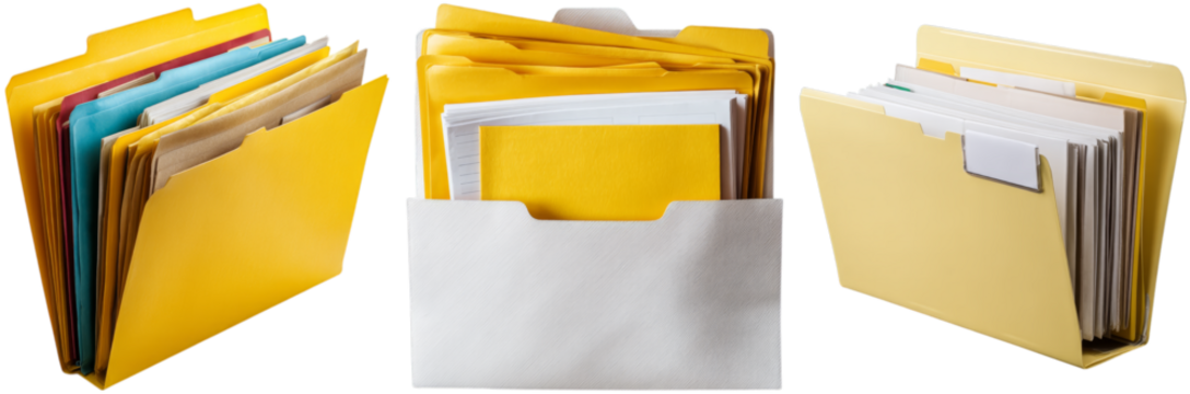 Bright yellow folders filled with papers are arranged neatly, showcasing a variety of colors and styles for efficient organization and easy access to documents