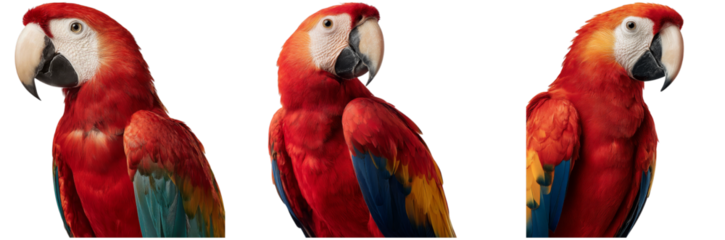 Scarlet macaw stands proud, revealing brilliant red, blue, and yellow feathers. The bird is positioned to highlight its unique features and striking coloration