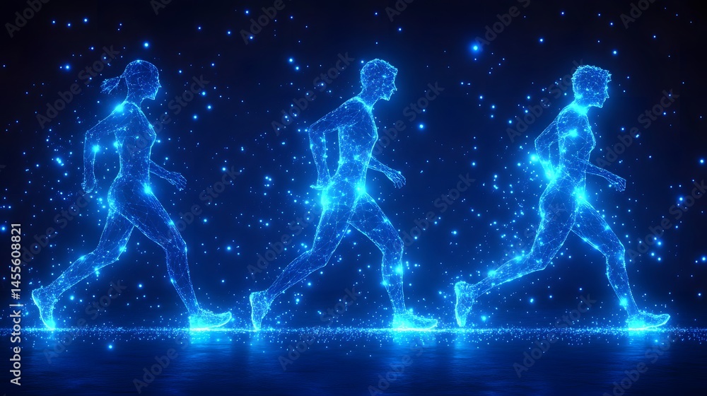 Leinwandbilder dynamic figures rendered as glowing blue wireframes run across a reflective surface under a starry s