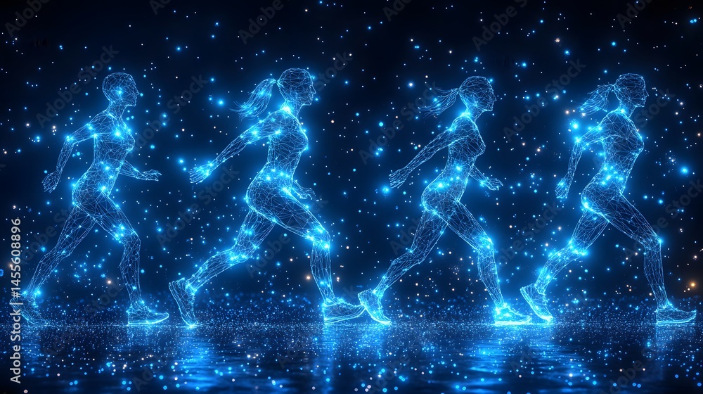 Poster futuristic blue wireframe women jogging beneath a star-filled sky, reflected in a dark pool. dynamic