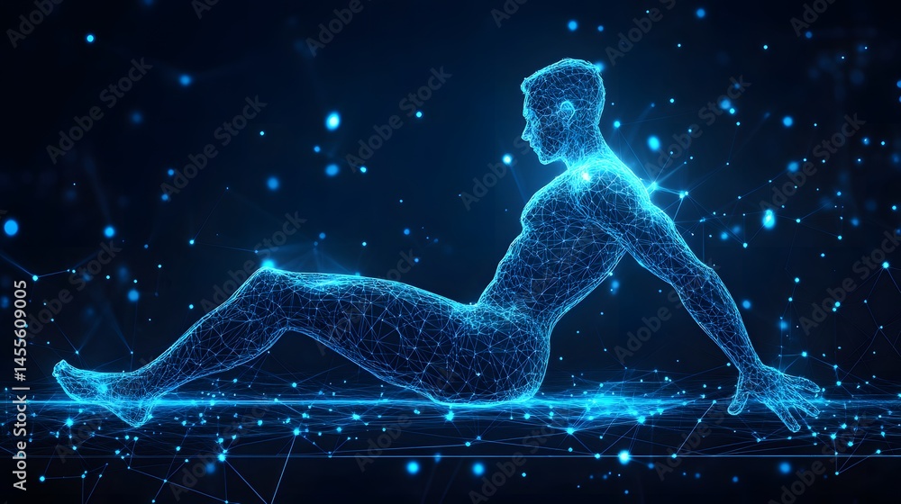 Poster Futuristic human form rendered in blue wireframe, seated within a digital network, representing technology and connectivity. Abstract Digital low-poly wireframe connected dots in dark blue.