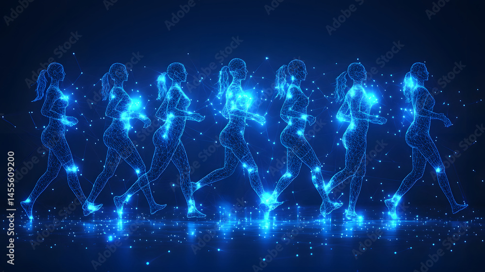 Poster dynamic, modern depiction of human motion. blue wireframe figures run against a dark backdrop, showc