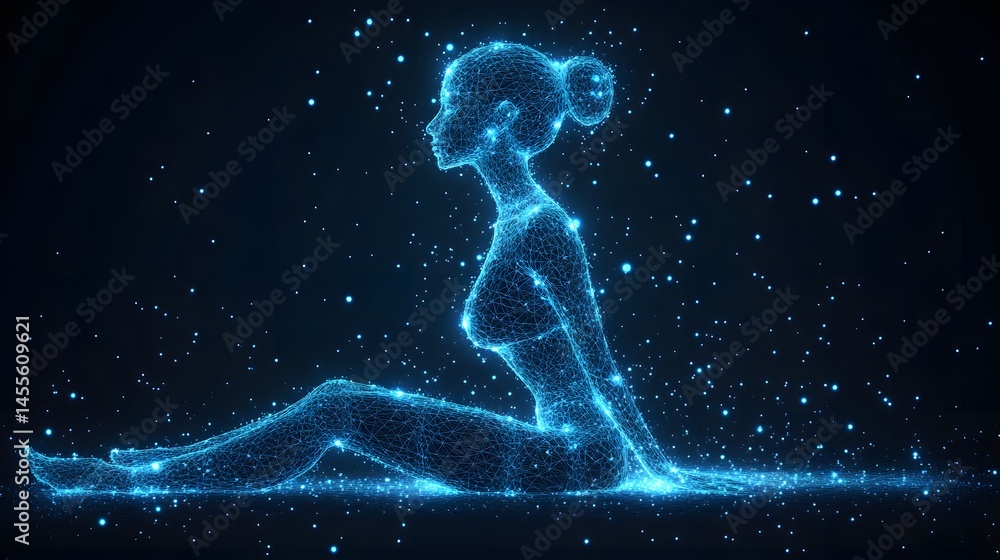 Aufkleber futuristic woman in a relaxed pose, crafted from a glowing blue wireframe. ethereal and captivating,