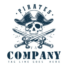 Hand drawn pirate skull logo illustration in vintage style