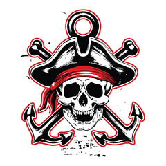 Hand drawn pirate skull logo illustration in vintage style