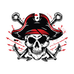 Hand drawn pirate skull logo illustration in vintage style