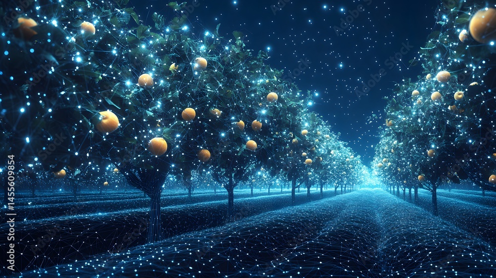 Poster futuristic orchard at night: glowing digital trees with orange fruit under a starry sky. a technolog