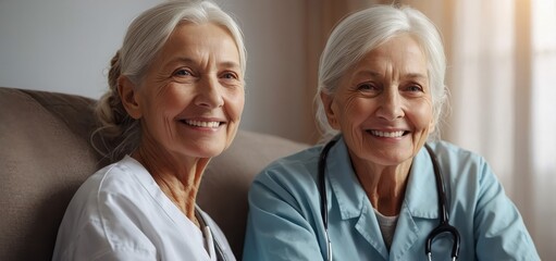  Healthcare, nurse and smile with old woman on sofa for support, help and caregiver. Retirement
