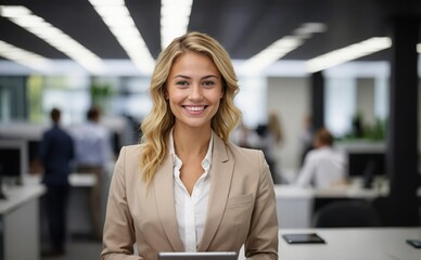 A happy young businesswoman in casual clothes beams with positivity in a bustling office, tablet in hand.

