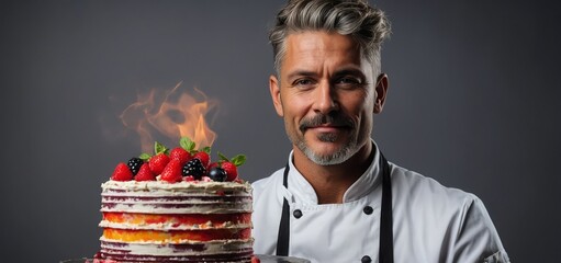 Man in chef’s attire presents a cake with a grey wall behind him.

