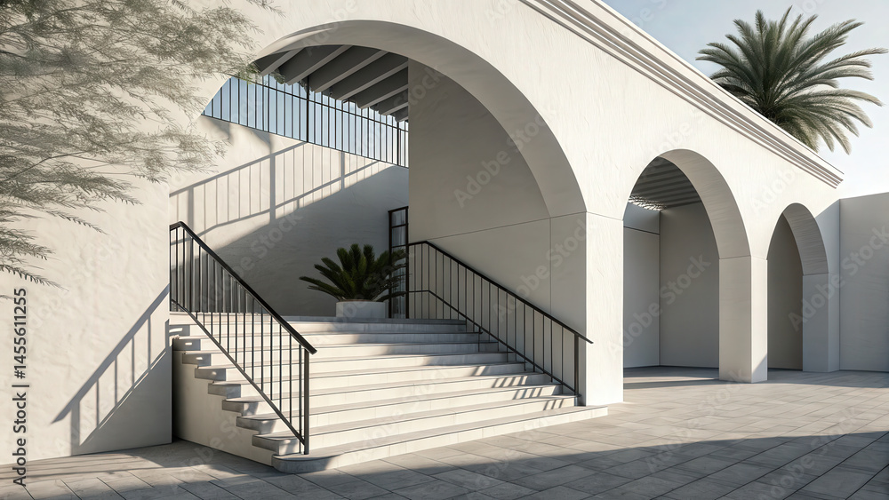 Fototapete minimal style mockup of architectural building features white arches, stairs, and railings, with pal