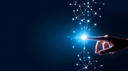 Hand Touching Digital Network Interface on Futuristic Virtual Screen