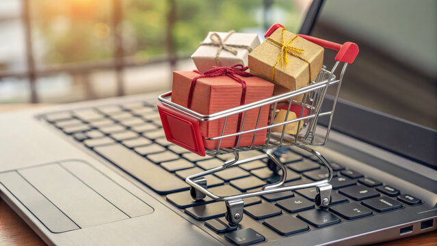 Miniature shopping cart with gift boxes is placed on laptop keyboard, symbolizing online shopping and e commerce. scene is set in bright, inviting atmosphere