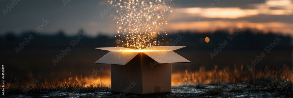 Leinwandbilder cardboard box emitting magical light at dusk in an open field with glowing particles filling the air
