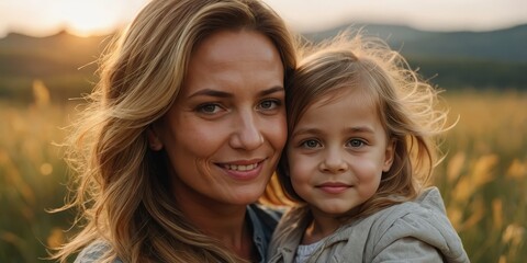 Mother and little girl share a joyful moment outdoors in a meadow.


