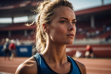A female athlete glances over her shoulder with intensity on a sunny day.

