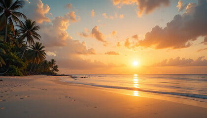Tropical Beach at Sunrise with Palm Trees