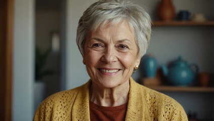 Portrait of a happy senior woman standing indoors. Female with short hair looking at camera while standing at home