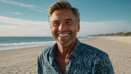 Portrait of a cheerful man enjoying the beach under a vibrant blue sky.


