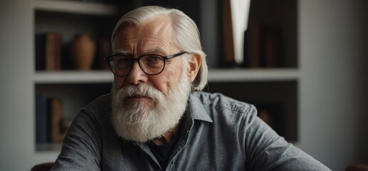 Portrait of a self-assured bearded older man at home.

