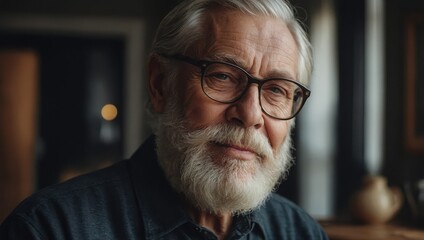 Confident senior man with beard pictured in a cozy home setting.

