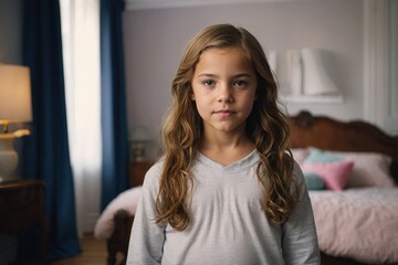 Confident pre-teen girl standing proudly in her room.

