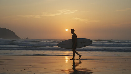 Surfer Walking on Beach at Sunset