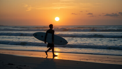 Surfer Walks on Beach at Sunset